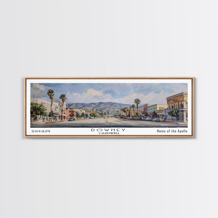 Downey California Panoramic Watercolor Painting, Scenic Framed Canvas Print, Urban Wall Art for Office, Travel Decor, City Print, Gift Idea