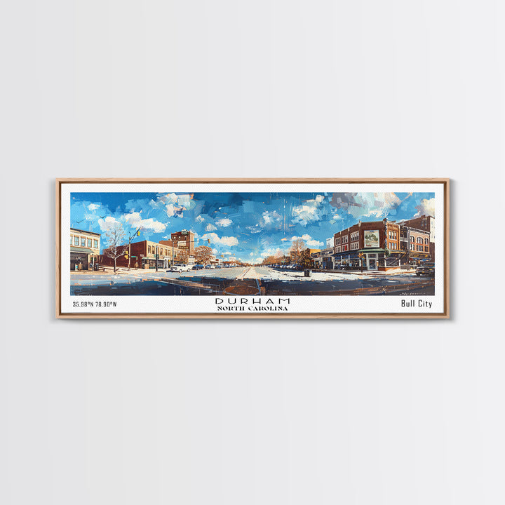 Durham North Carolina Panoramic Watercolor Painting, Scenic Framed Canvas Print, Urban Wall Art for Living Room, Travel Decor, City Print, Gift Idea