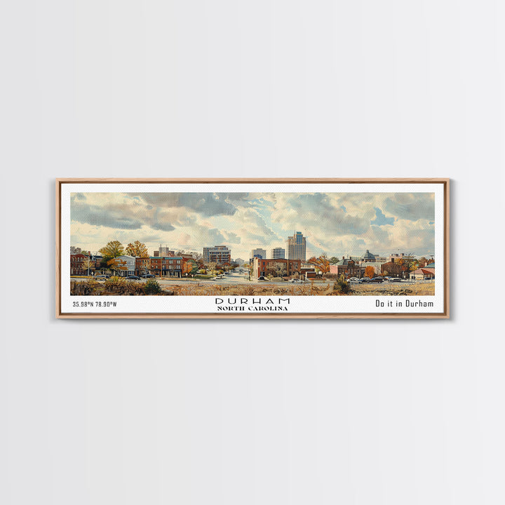 Durham North Carolina Panoramic Watercolor Painting, Scenic Framed Canvas Print, Urban Wall Art for Living Room, Travel Decor, City Print, Gift Idea
