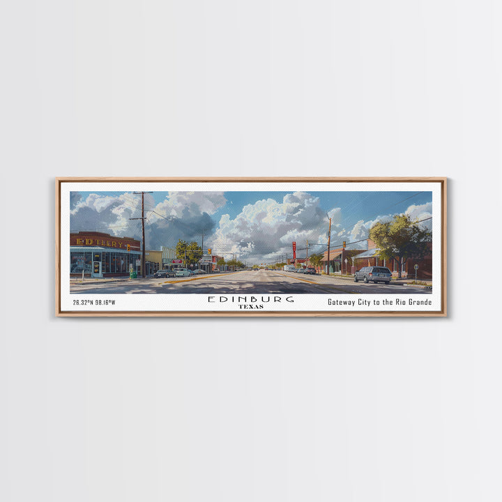 Edinburg Texas Panoramic Watercolor Painting, Scenic Framed Canvas Print, Urban Wall Art for Office, Travel Poster, Home Decor, City Gift Idea