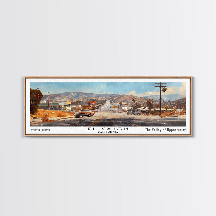 El Cajon California Panoramic Watercolor Painting, Scenic Framed Canvas Print, Urban Wall Art for Office, Travel Decor, City Print, Gift Idea