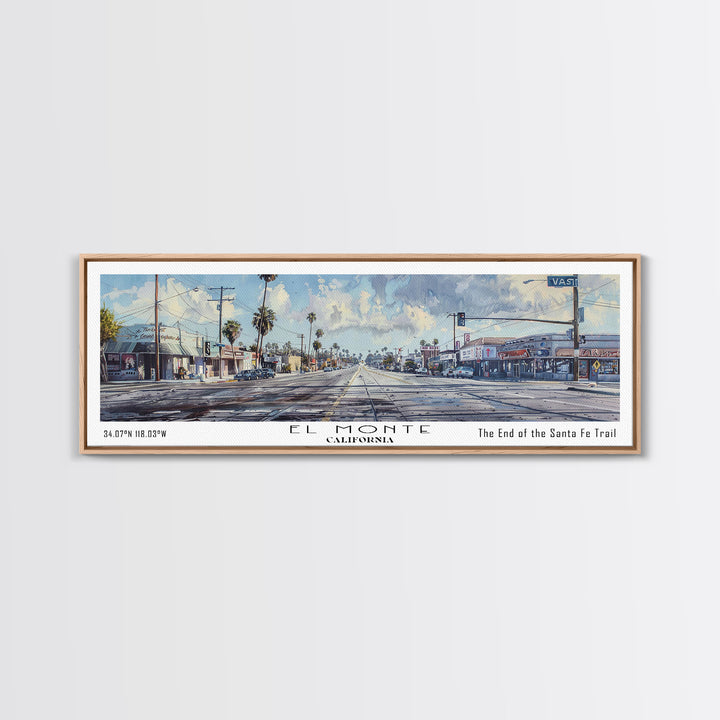 El Monte California Panoramic Watercolor Painting, Scenic Framed Canvas Print, Urban Wall Art for Office, Travel Decor, City Print, Gift Idea