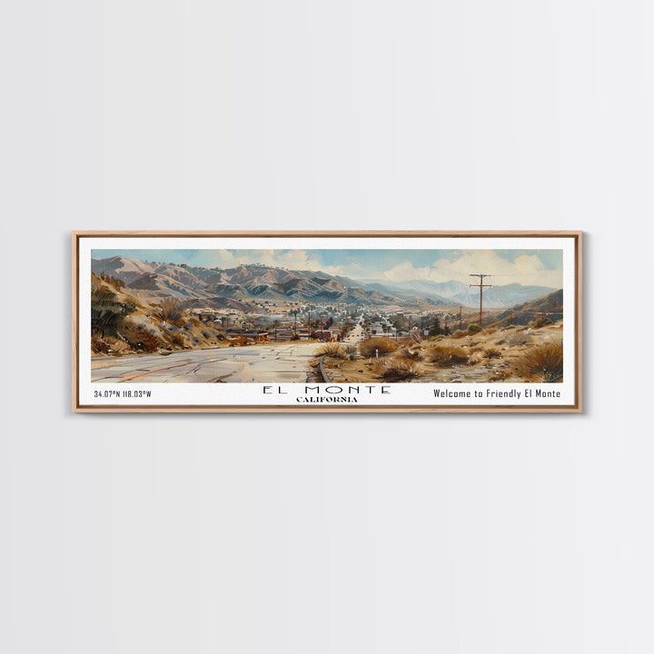 El Monte California Panoramic Watercolor Painting, Scenic Framed Canvas Print, Urban Wall Art for Office, Travel Decor, City Print, Gift Idea