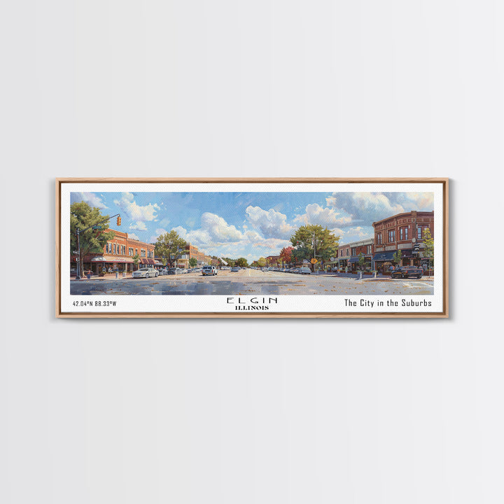 Elgin Illinois Panoramic Watercolor Painting, Scenic Framed Canvas Print, Urban Wall Art for Living Room, Travel Poster, Home Decor, City Gift Idea