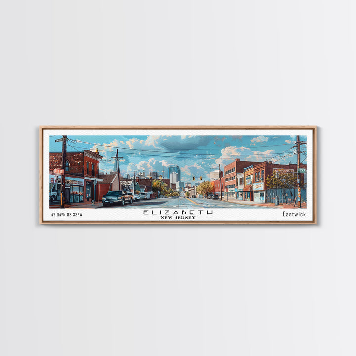 Elizabeth New Jersey Panoramic Watercolor Painting, Scenic Framed Canvas Print, Urban Wall Art for Office, Travel Decor, City Print, Gift Idea