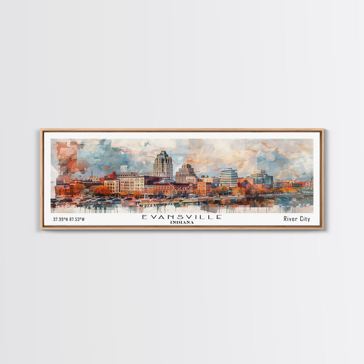 Evansville Indiana Panoramic Watercolor Painting, Scenic Framed Canvas Print, Urban Wall Art for Living Room, Travel Poster, Home Decor, City Gift Idea