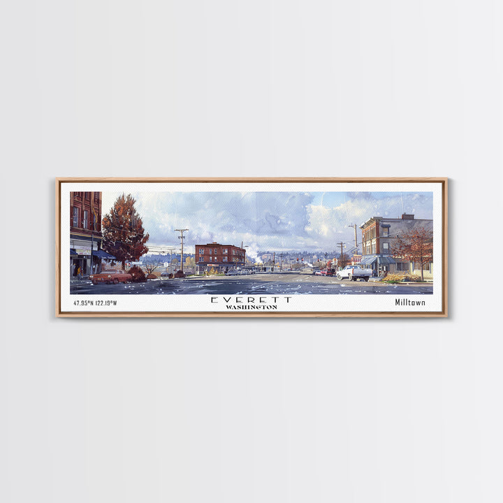 Everett Washington Panoramic Watercolor Painting, Scenic Framed Canvas Print, Urban Wall Art for Office, Travel Decor, City Print, Gift Idea