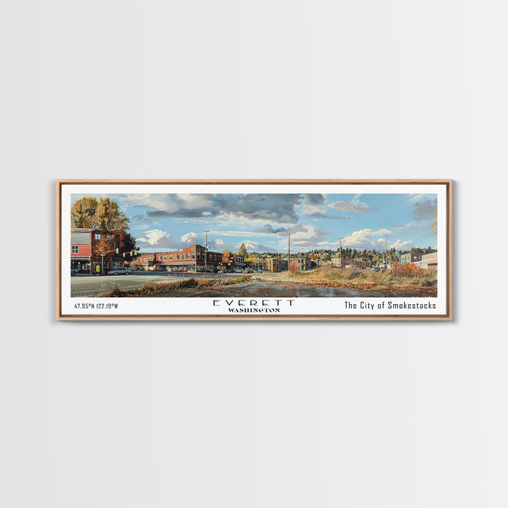 Everett Washington Panoramic Watercolor Painting, Scenic Framed Canvas Print, Urban Wall Art for Office, Travel Decor, City Print, Gift Idea
