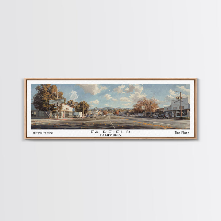 Fairfield California Panoramic Watercolor Painting, Scenic Framed Canvas Print, Urban Wall Art for Living Room, Travel Poster, Home Decor, City Gift Idea