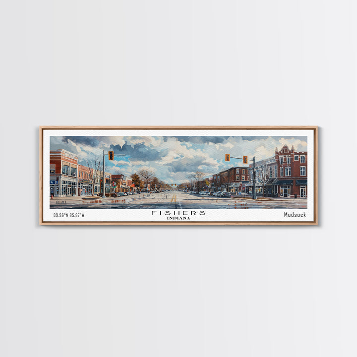 Fishers Indiana Panoramic Watercolor Painting, Scenic Framed Canvas Print, Urban Wall Art for Office, Travel Decor, City Print, Gift Idea