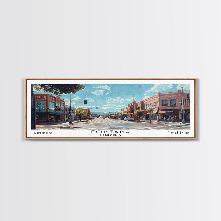 Fontana California Panoramic Watercolor Painting, Scenic Framed Canvas Print, Urban Wall Art for Living Room, Travel Poster, Home Decor, City Gift Idea