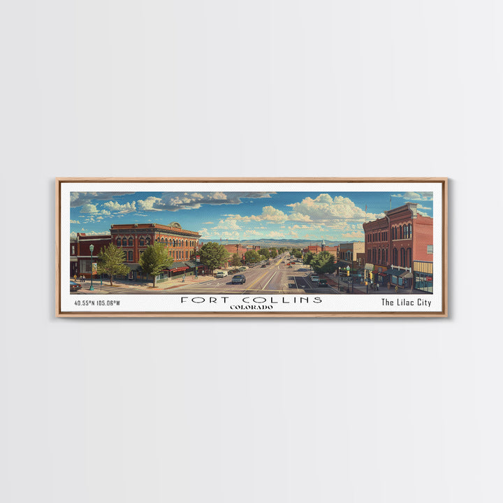 Fort Collins Colorado Panoramic Watercolor Painting, Scenic Framed Canvas Print, Urban Wall Art for Office, Travel Decor, City Print, Gift Idea