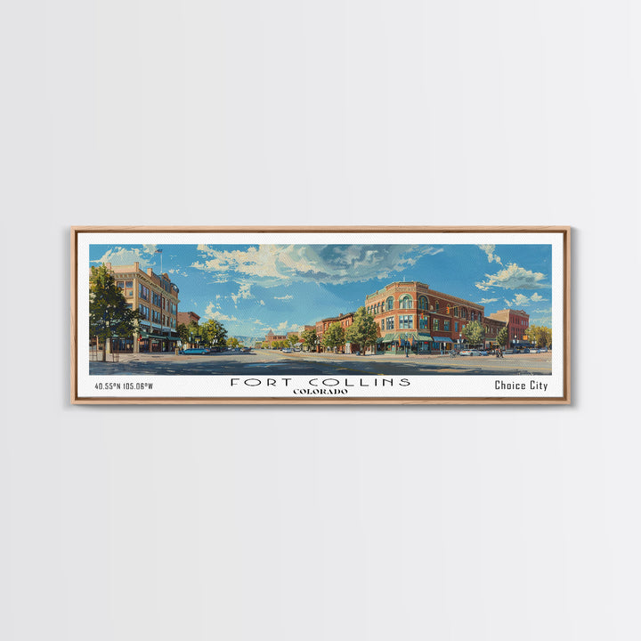 Fort Collins Colorado Panoramic Watercolor Painting, Scenic Framed Canvas Print, Urban Wall Art for Office, Travel Decor, City Print, Gift Idea