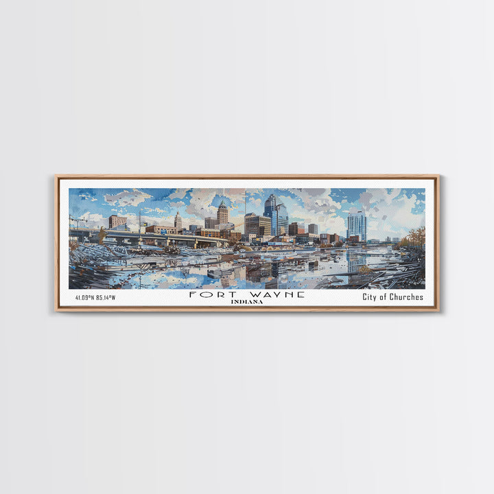 Fort Wayne Indiana Panoramic Watercolor Painting, Scenic Framed Canvas Print, Urban Wall Art for Office, Travel Decor, City Print, Gift Idea