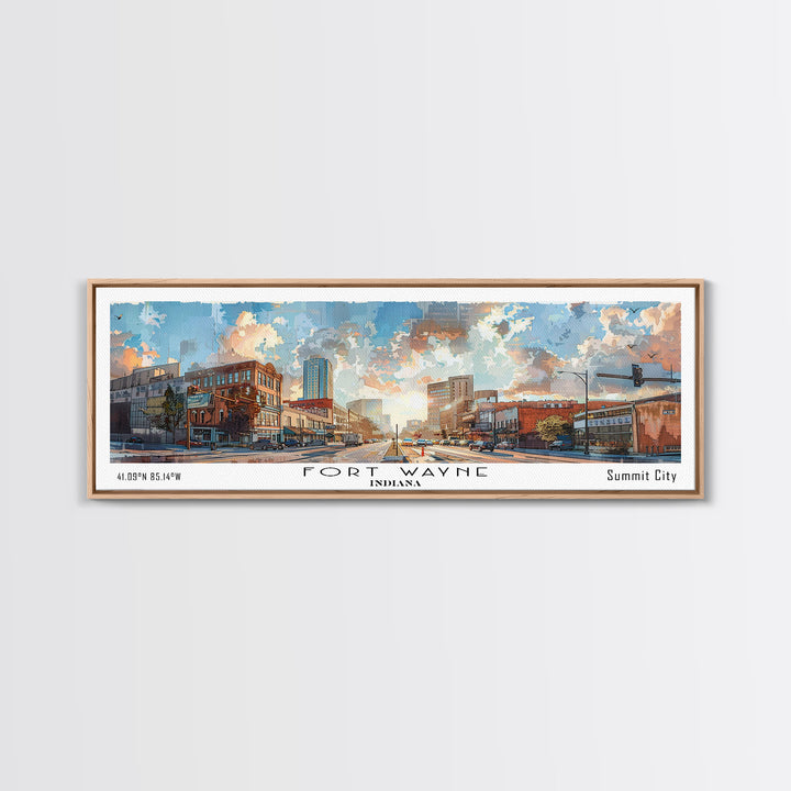 Fort Wayne Indiana Panoramic Watercolor Painting, Urban Framed Canvas Print, Cityscape Wall Art for Living Room, Travel Decor, Home Gift Idea