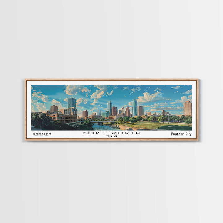 Fort Worth Texas Panoramic Watercolor Painting, Urban Framed Canvas Print, Cityscape Wall Art for Living Room, Travel Decor, Office Art, Gift Idea