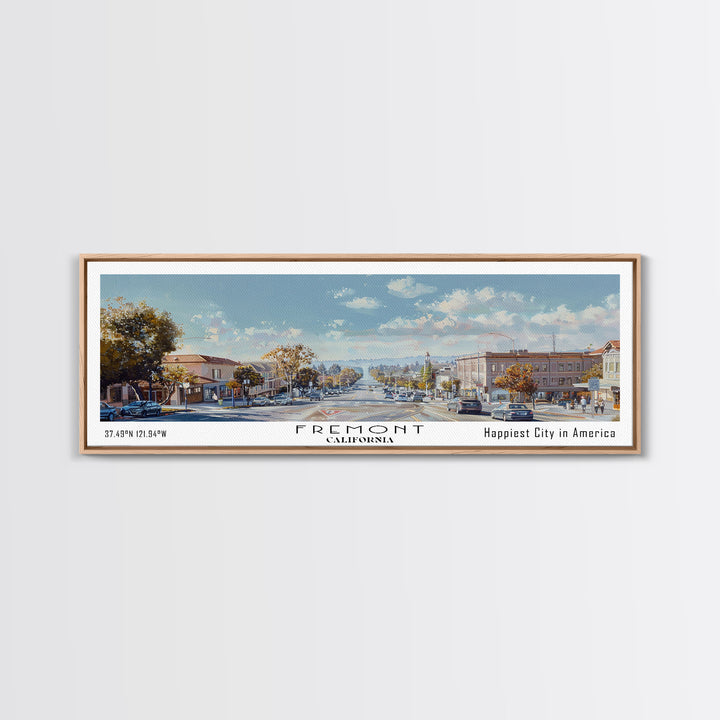Fremont California Panoramic Watercolor Painting, Scenic Framed Canvas Print, Urban Wall Art for Office, Travel Poster, Home Decor, City Gift Idea