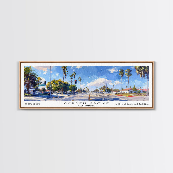 Garden Grove California Panoramic Watercolor Painting, Urban Framed Canvas Print, Cityscape Wall Art for Living Room, Travel Decor, Office Art, Gift Idea