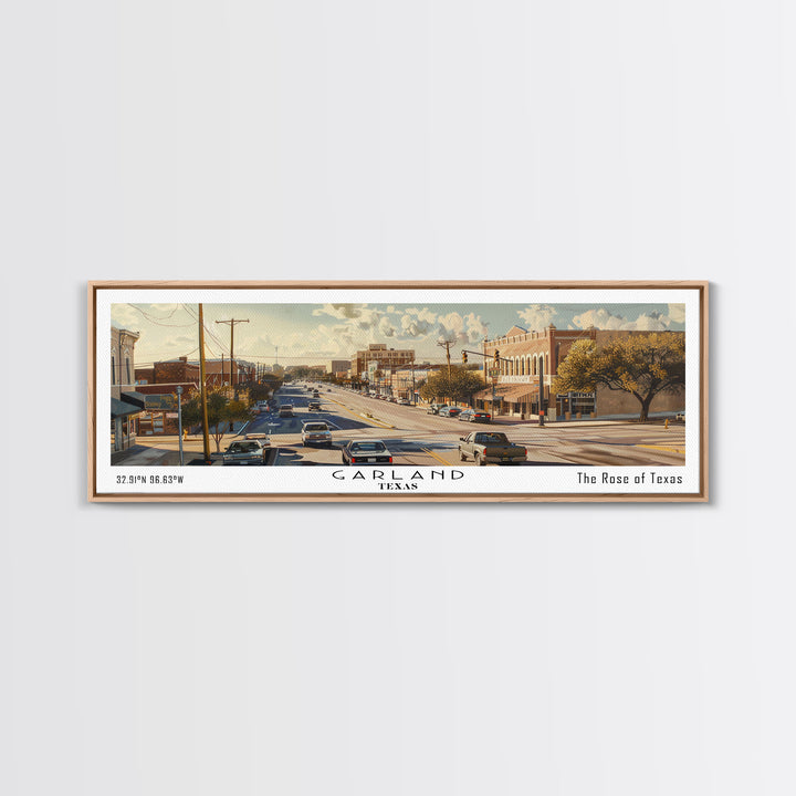 Garland Texas Panoramic Watercolor Painting, Urban Framed Canvas Print, Cityscape Wall Art for Living Room, Travel Decor, Home Gift Idea