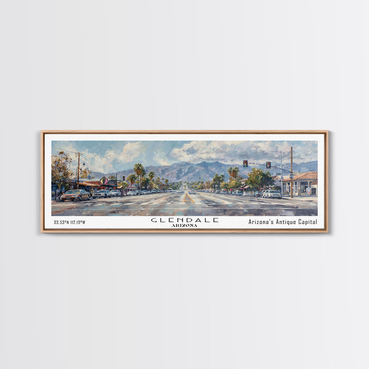 Glendale Arizona Panoramic Watercolor Painting, Urban Framed Canvas Print, Cityscape Wall Art for Office, Travel Decor, Home Gift Idea