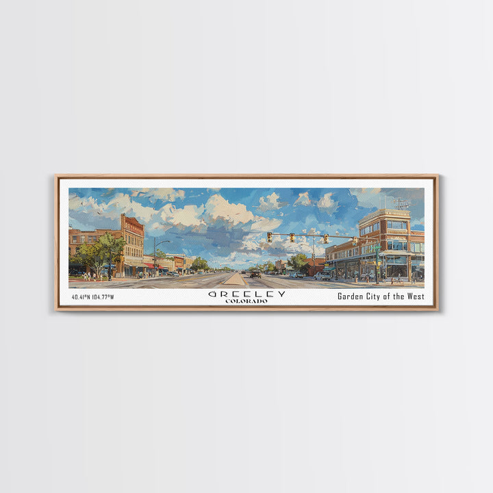 Greeley Colorado Panoramic Watercolor Painting, Urban Framed Canvas Print, Cityscape Wall Art for Living Room, Travel Poster, Home Decor, City Gift Idea