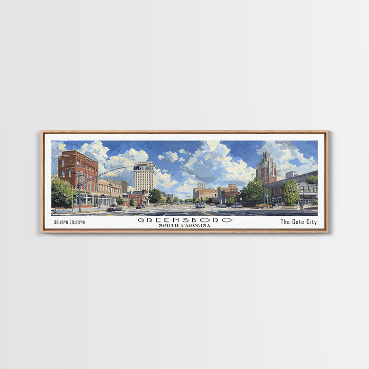 Greensboro North Carolina Panoramic Watercolor Painting, Urban Framed Canvas Print, Cityscape Wall Art for Office, Travel Decor, Home Gift Idea