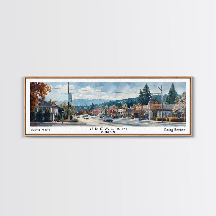 Gresham Oregon Panoramic Watercolor Painting, Urban Framed Canvas Print, Cityscape Wall Art for Living Room, Travel Decor, Home Gift Idea