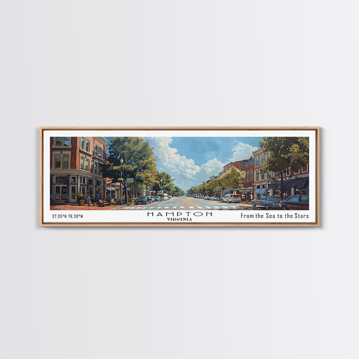 Hampton Virginia Panoramic Watercolor Painting, Urban Framed Canvas Print, Cityscape Wall Art for Living Room, Travel Poster, Home Decor, City Gift Idea