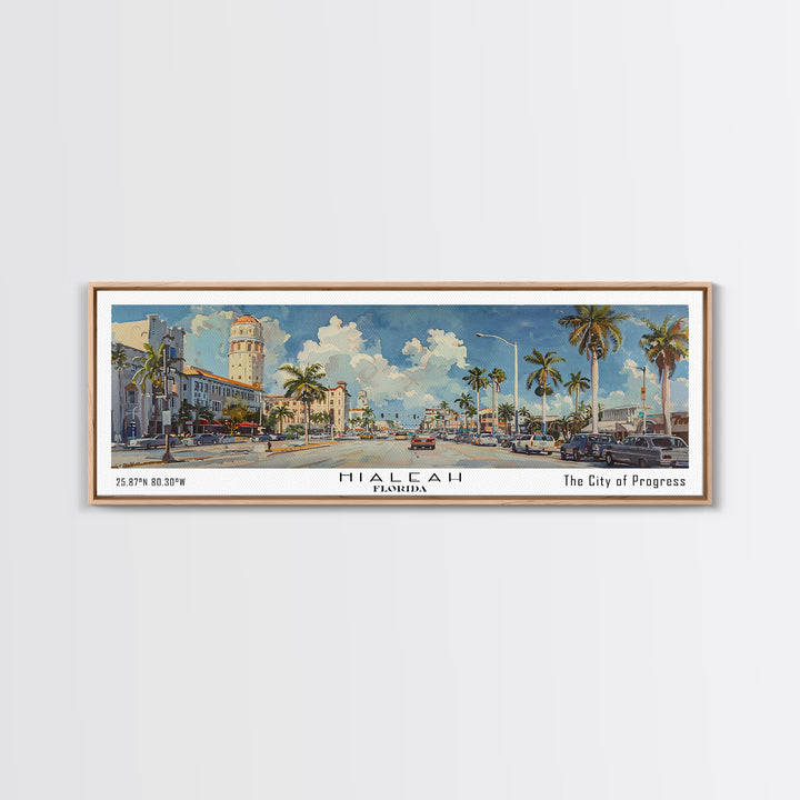 Hialeah Florida Panoramic Watercolor Painting, Urban Framed Canvas Print, Cityscape Wall Art for Office, Travel Decor, Home Gift Idea