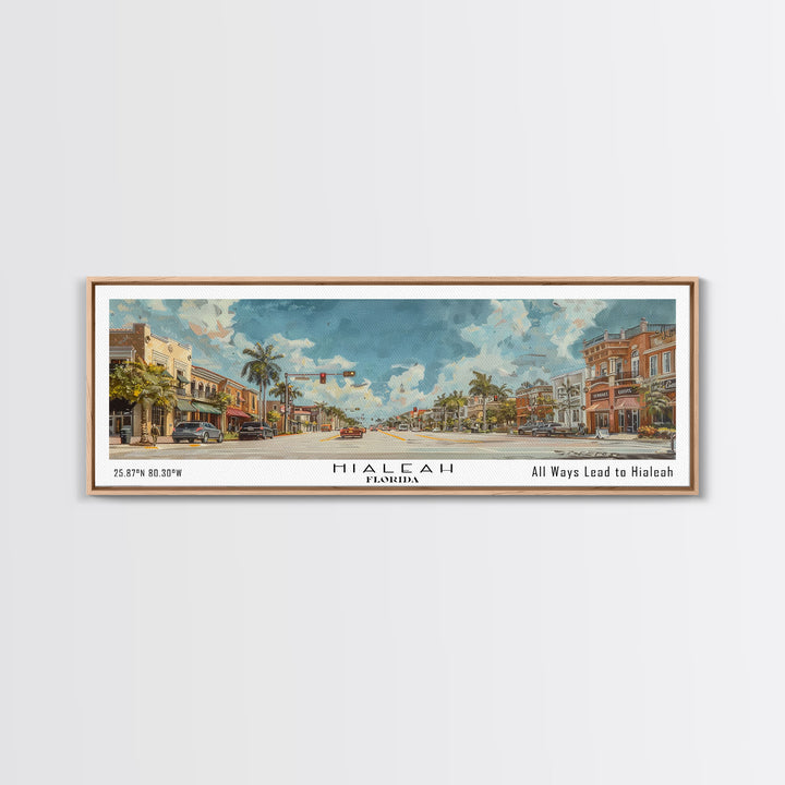 Hialeah Florida Panoramic Watercolor Painting, Urban Framed Canvas Print, Cityscape Wall Art for Living Room, Travel Decor, Home Gift Idea