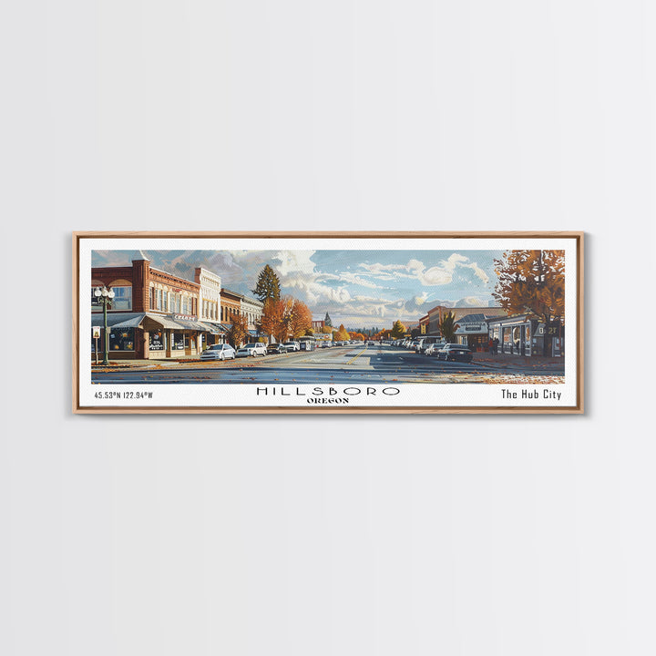 Hillsboro Oregon Panoramic Watercolor Painting, Urban Framed Canvas Print, Cityscape Wall Art for Office, Travel Decor, Home Gift Idea