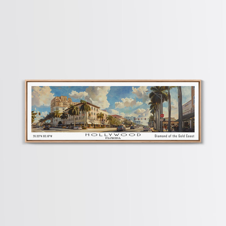 Hollywood Florida Panoramic Watercolor Painting, Urban Framed Canvas Print, Cityscape Wall Art for Living Room, Travel Poster, Home Decor, City Gift Idea