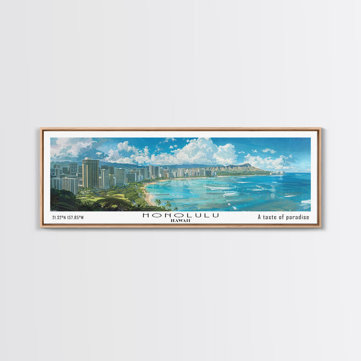 Honolulu Hawaii Panoramic Watercolor Painting, Urban Framed Canvas Print, Cityscape Wall Art for Office, Travel Decor, Home Gift Idea