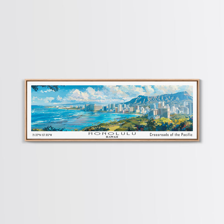 Honolulu Hawaii Panoramic Watercolor Painting, Urban Framed Canvas Print, Cityscape Wall Art for Living Room, Travel Poster, Home Decor, City Gift Idea