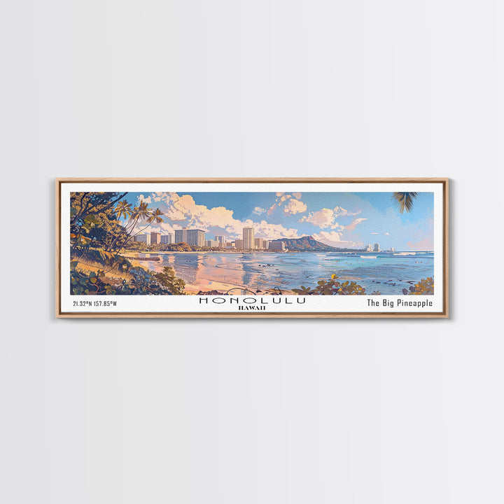Honolulu Hawaii Panoramic Watercolor Painting, Urban Framed Canvas Print, Cityscape Wall Art for Office, Travel Decor, Home Gift Idea