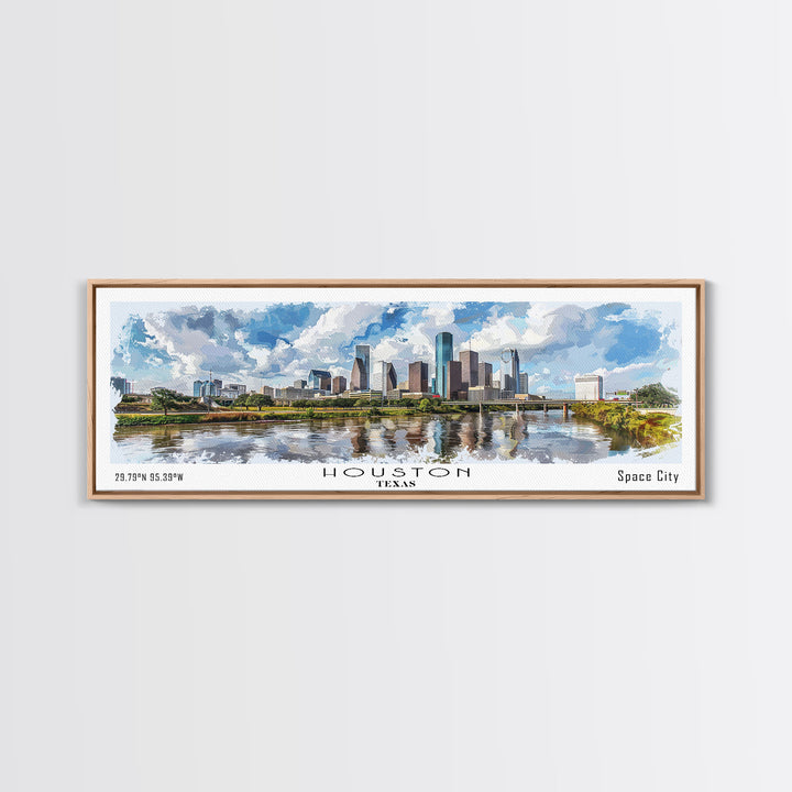 Houston Texas Panoramic Watercolor Painting, Urban Framed Canvas Print, Cityscape Wall Art for Living Room, Travel Poster, Home Decor, City Gift Idea