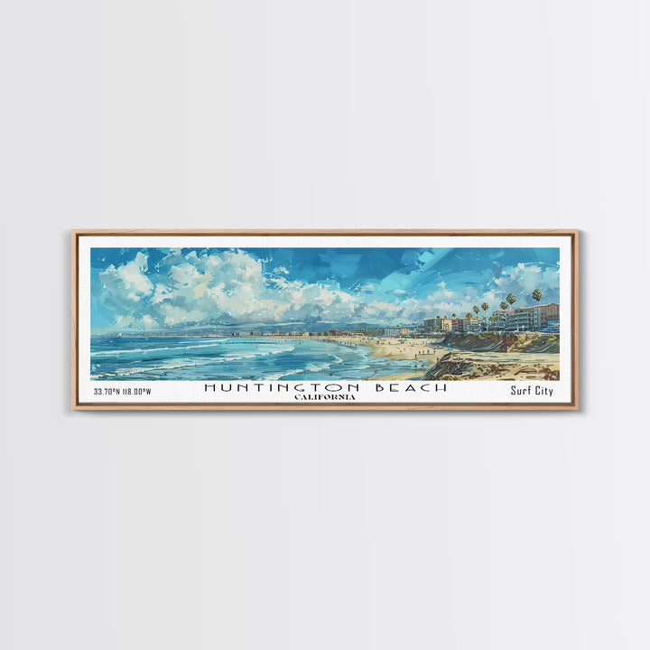 Huntington Beach California Panoramic Watercolor Painting, Urban Framed Canvas Print, Cityscape Wall Art for Office, Travel Decor, Home Gift Idea