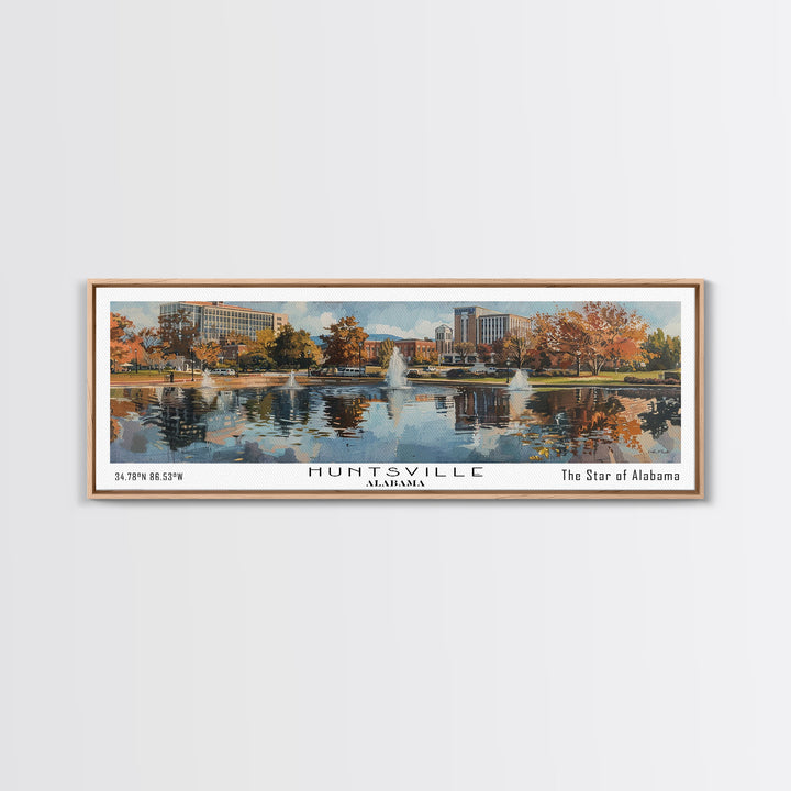 Huntsville Alabama Panoramic Watercolor Painting, Urban Framed Canvas Print, Cityscape Wall Art for Living Room, Travel Poster, Home Decor, City Gift Idea