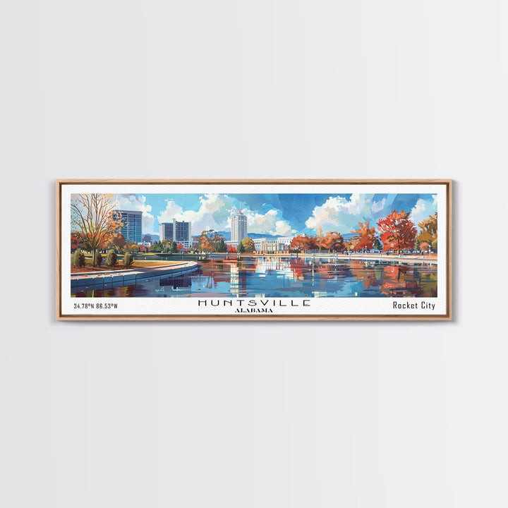 Huntsville Alabama Panoramic Watercolor Painting, Urban Framed Canvas Print, Cityscape Wall Art for Office, Travel Decor, Home Gift Idea