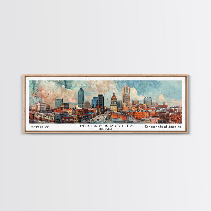 Indianapolis Indiana Panoramic Watercolor Painting, Urban Framed Canvas Print, Cityscape Wall Art for Office, Travel Decor, Home Gift Idea
