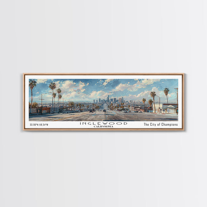 Inglewood California Panoramic Watercolor Painting, Urban Framed Canvas Print, Cityscape Wall Art for Living Room, Travel Poster, Home Decor, City Gift Idea