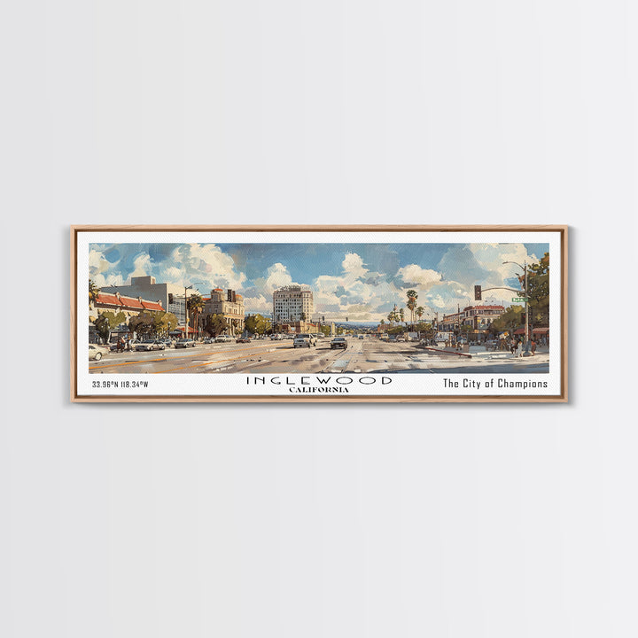 Inglewood California Panoramic Watercolor Painting, Urban Framed Canvas Print, Cityscape Wall Art for Office, Travel Decor, Home Gift Idea