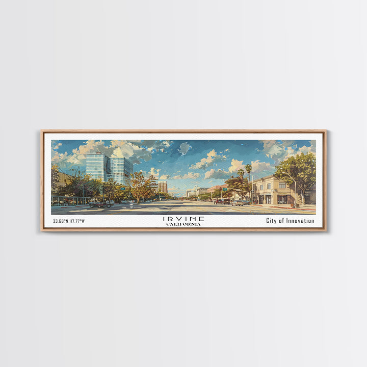 Irvine California Panoramic Cityscape Painting, Framed Canvas Print for Home, Office Wall Art, Urban Decor, Watercolor Travel Poster