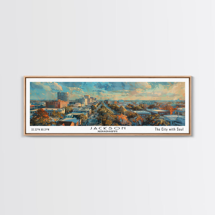 Jackson Mississippi Watercolor Panoramic City Painting, Framed Canvas Print for Living Room, Office Wall Art, Urban Decor, Travel Poster