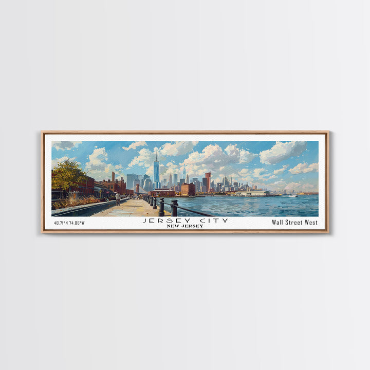 Jersey City New Jersey Panoramic Cityscape Painting, Framed Canvas Print, Urban Decor, Office Wall Art, Travel Poster, Watercolor Home Decoration