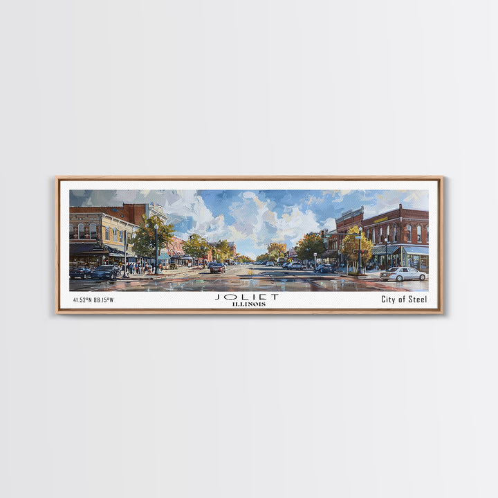 Joliet Illinois Panoramic Cityscape Wall Art, Watercolor Framed Canvas Print, Urban Painting for Living Room, Office Decor, Travel Poster