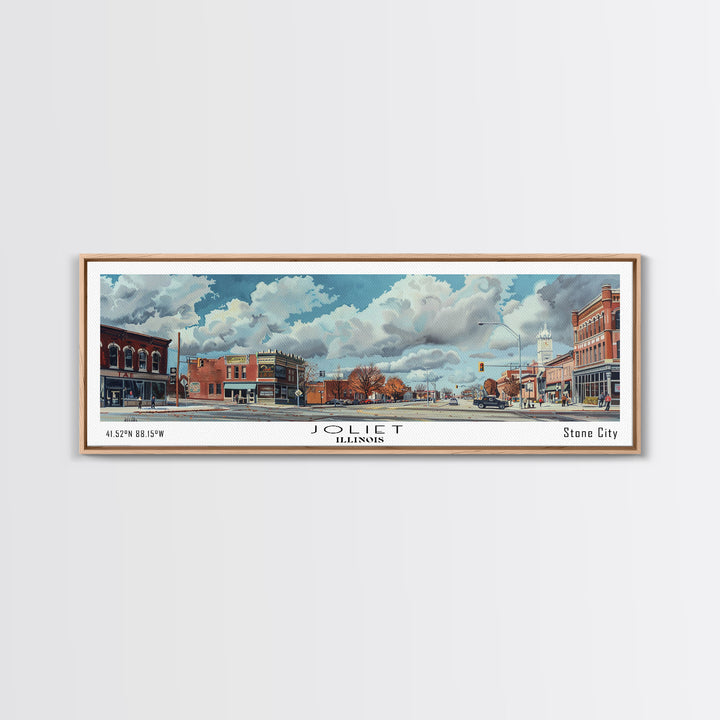 Joliet Illinois Panoramic Watercolor City Painting, Framed Canvas Print for Home, Office Wall Art, Urban Decor, Travel Poster
