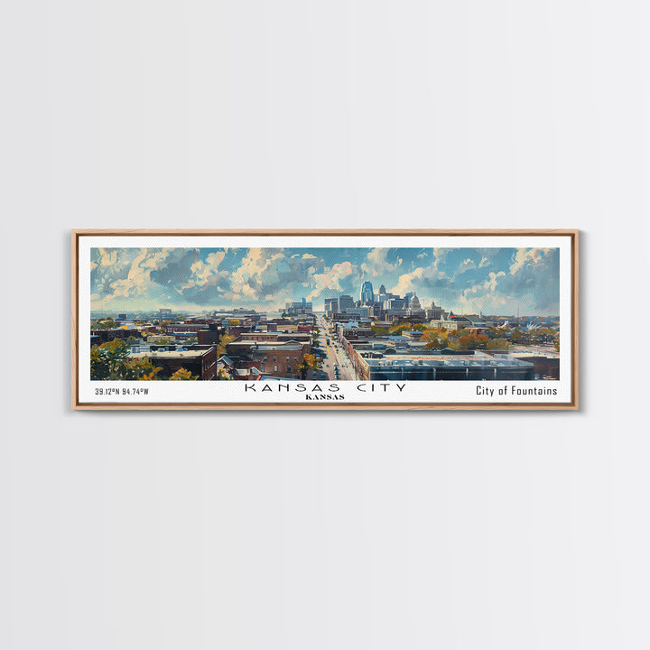 Kansas City Kansas Panoramic Watercolor Cityscape, Framed Canvas Print for Living Room, Office Wall Art, Urban Decor, Travel Poster