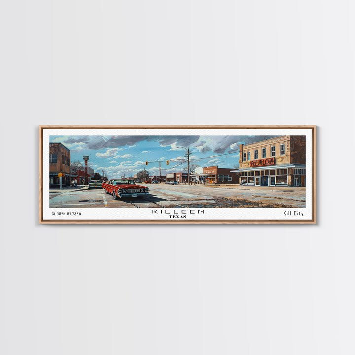 Killen Texas Panoramic Cityscape Wall Art, Watercolor Framed Canvas Print, Urban Painting for Living Room, Office Decor, Travel Poster