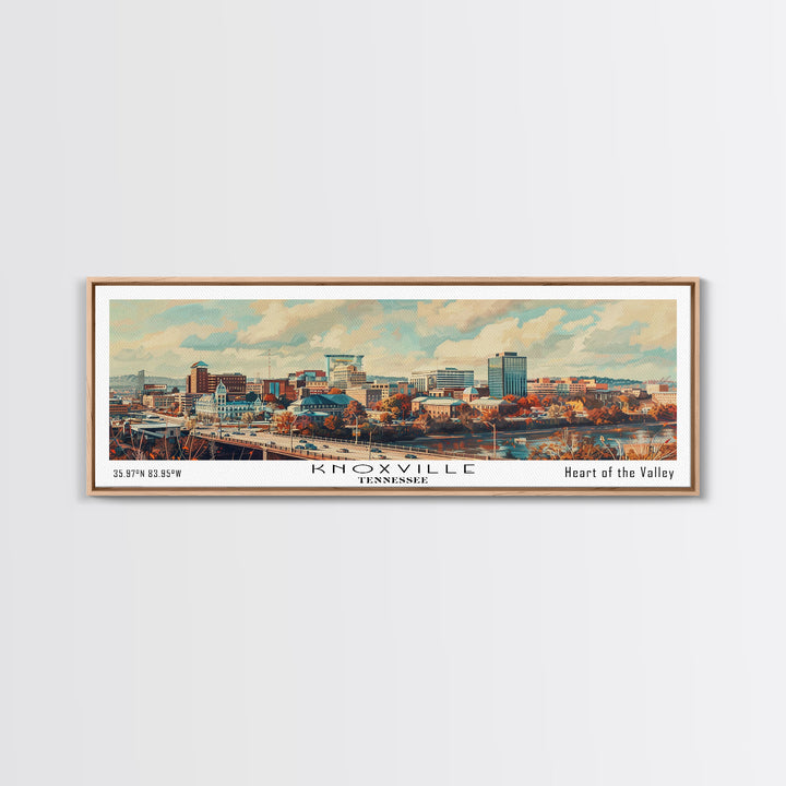 Knoxville Tennessee Panoramic Cityscape Wall Art, Watercolor Framed Canvas Print, Urban Painting for Living Room, Office Decor, Travel Poster